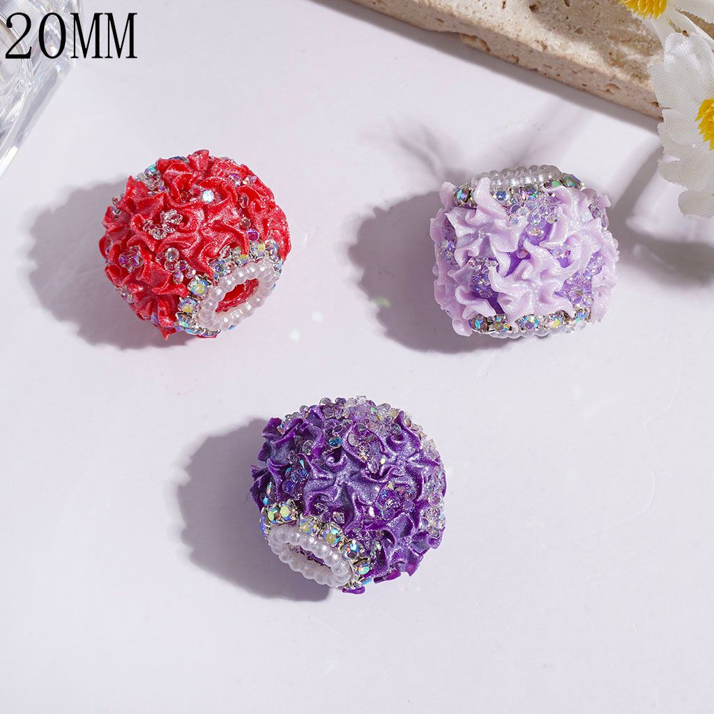 Wrinkled Flower with Shiny Glitter & Cone Shaped Rhinestones Handmade Acrylic Beads, AB Rhinestone & White Pearl Chains, 20MM, Assorted Colors, Random Mix