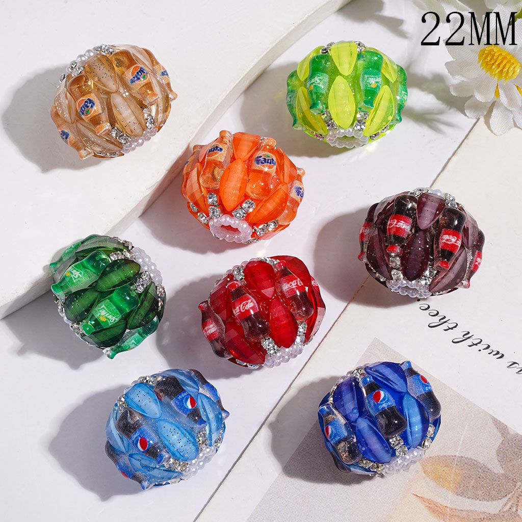 Handmade Acrylic Beads with Soda Drink Bottle and Glittery Leaf Rhinestones, White Pearl Loop and Clear Rhinestones, 22MM Random Mix