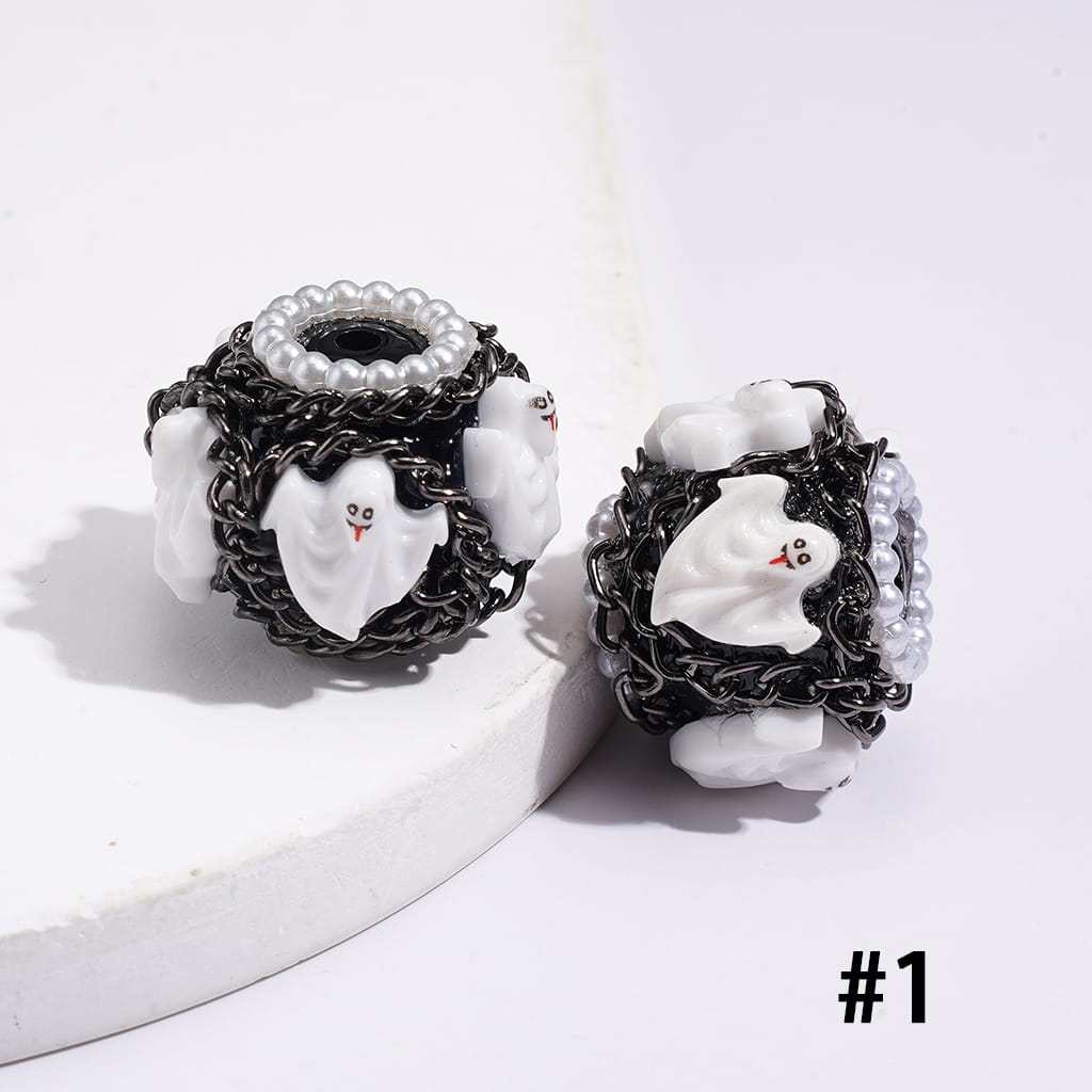 Handcrafted Clay Beads with Halloween Horror Theme and Gun Black Metal Chains, White Pearl Loop, Assorted Style