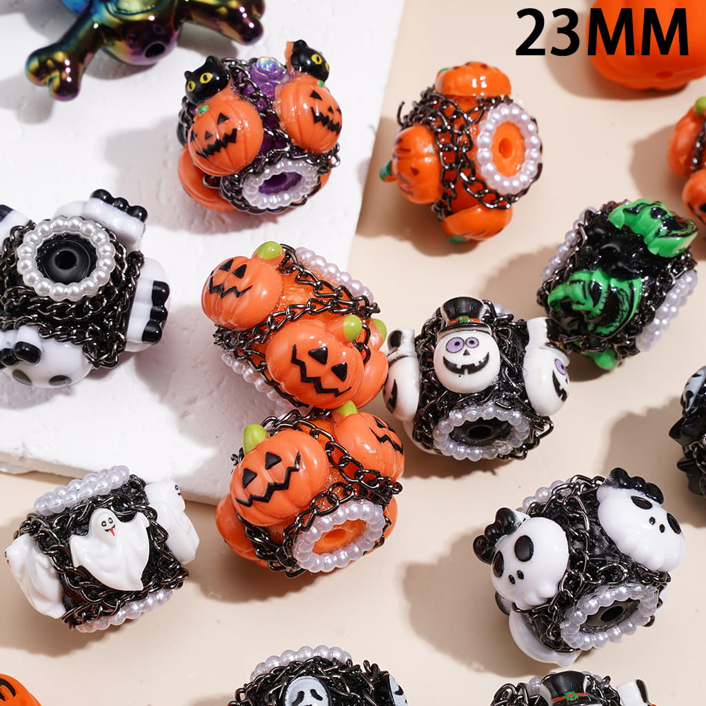 Handcrafted Clay Beads with Halloween Horror Theme and Gun Black Metal Chains, White Pearl Loop, Assorted Style