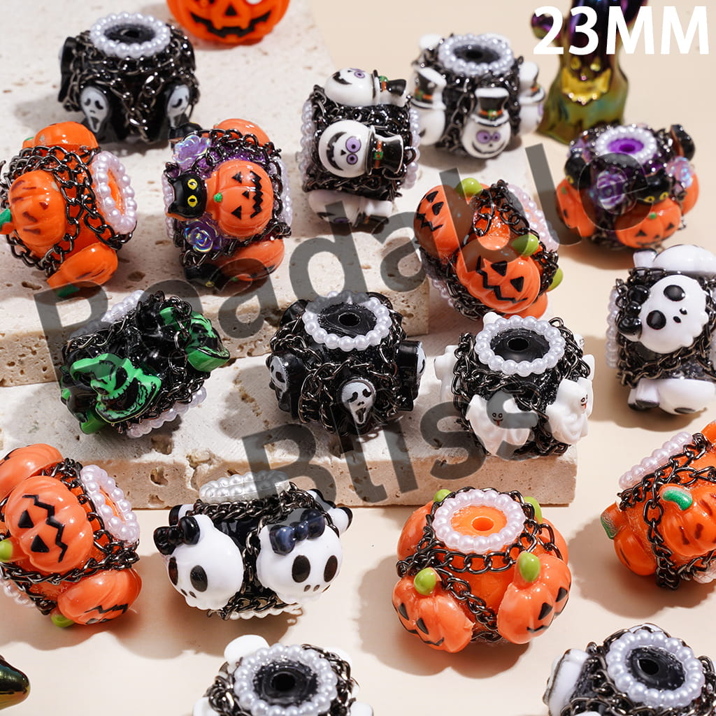 Handcrafted Clay Beads with Halloween Horror Theme and Gun Black Metal Chains, White Pearl Loop, Assorted Style