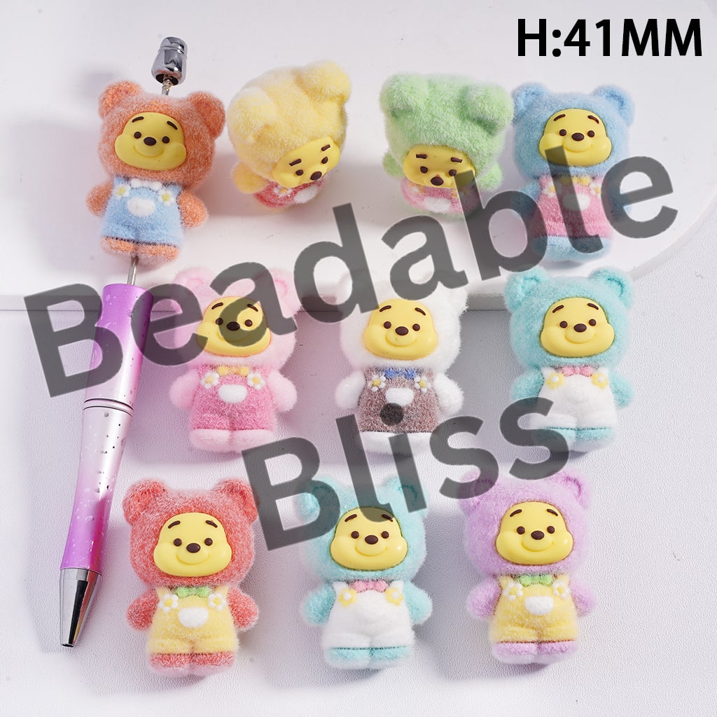 Cute Honey Bear Figurine, can be also used as Acrylic Beads or Pen Topper, Flocked Fluffy, Height 41MM, Multi-Color, Random Mix
