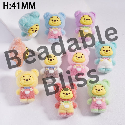 Cute Honey Bear Figurine, can be also used as Acrylic Beads or Pen Topper, Flocked Fluffy, Height 41MM, Multi-Color, Random Mix