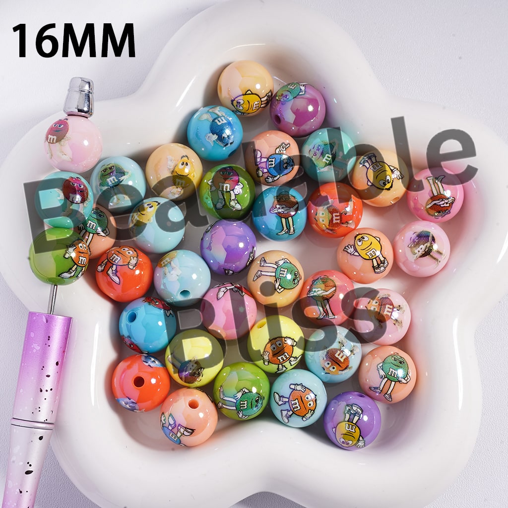 Colorful round beads with cartoon characters on a white heart-shaped dish.