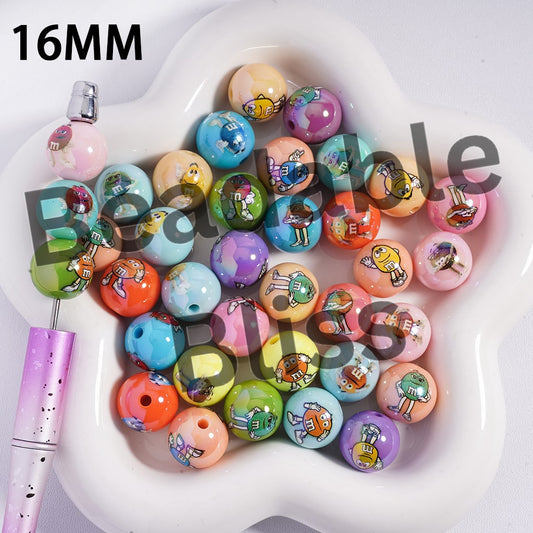 Colorful round beads with cartoon characters on a white heart-shaped dish.