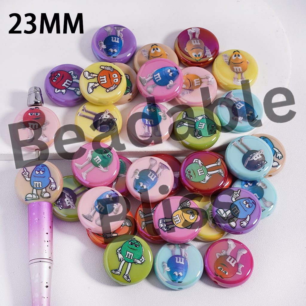 Acrylic Beads UV Coating Candy Chip Prints in Various Gesture, 23MM, Flat Round Shape, Multi-Color, Random Mix