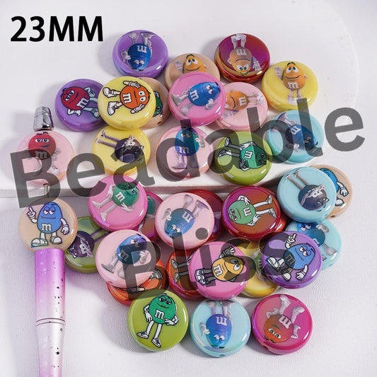 Acrylic Beads UV Coating Candy Chip Prints in Various Gesture, 23MM, Flat Round Shape, Multi-Color, Random Mix