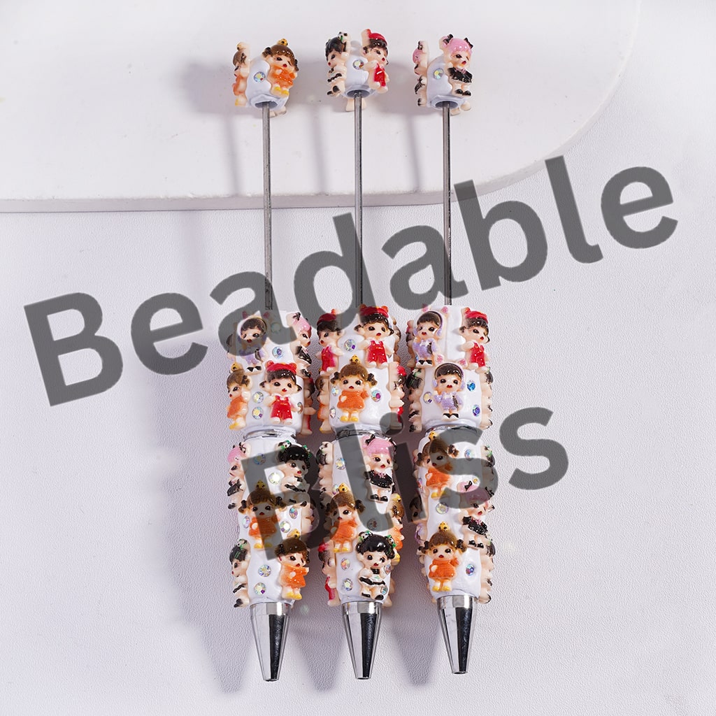 Beadable Clay Pens with Pretty Baby Girl Wearing Various Ornament and Clothes, AB Rhinestones and White Pearl