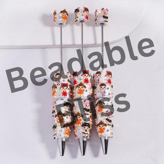 Beadable Clay Pens with Pretty Baby Girl Wearing Various Ornament and Clothes, AB Rhinestones and White Pearl