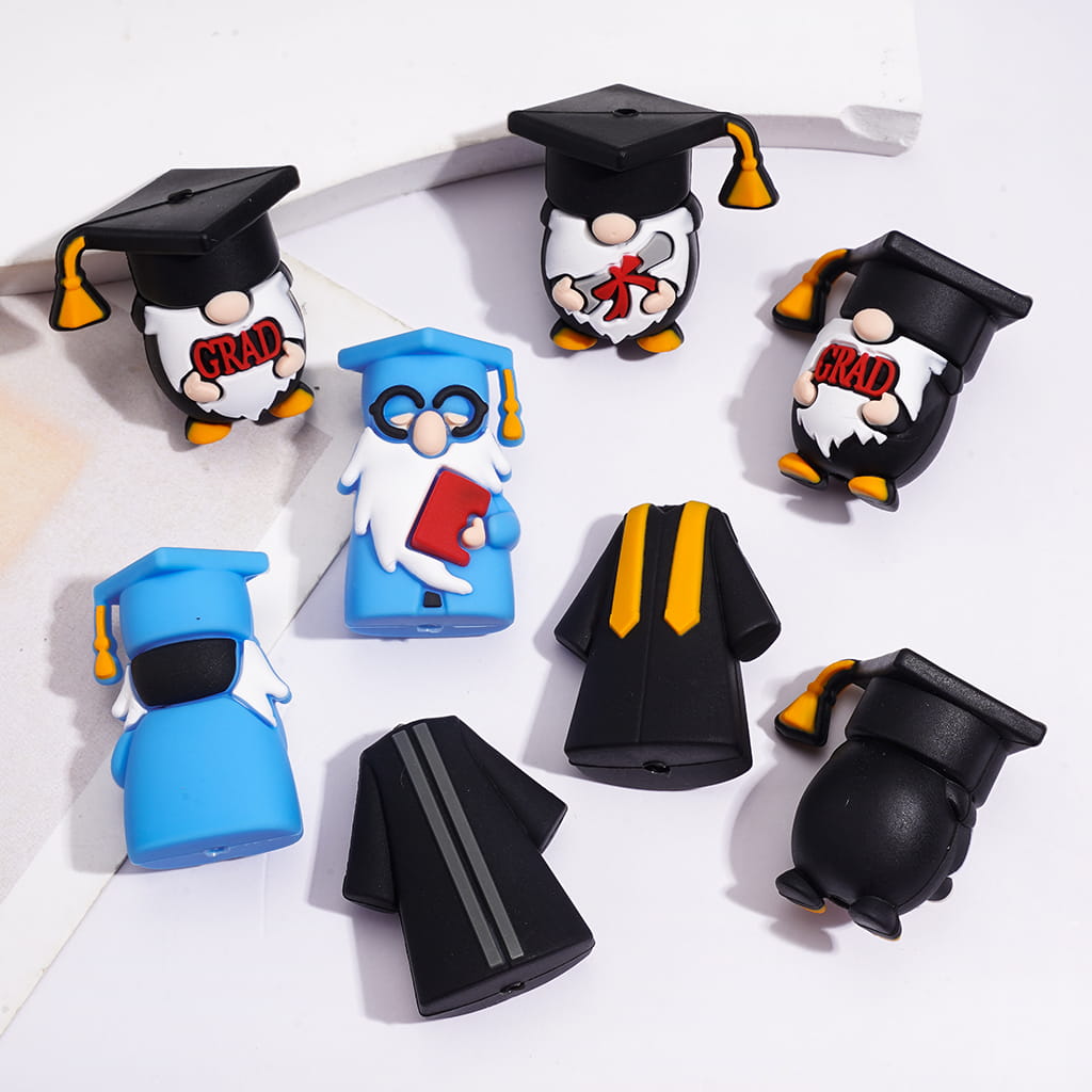 Silicone Focal Beads with 3D Graduation Gnome Design Series