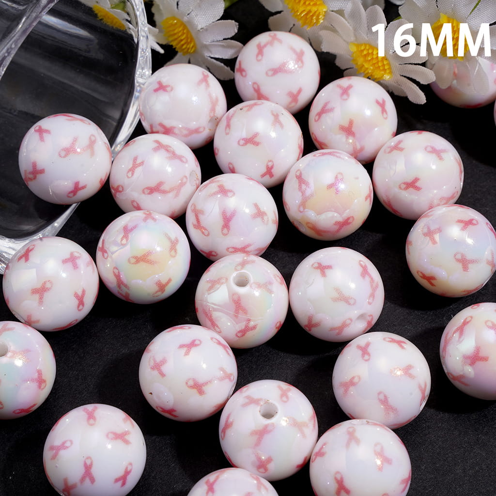 Acrylic Beads for Bracelets UV Coating w Pink Ribbon Bowtie in Breast Cancer Theme, 16MM