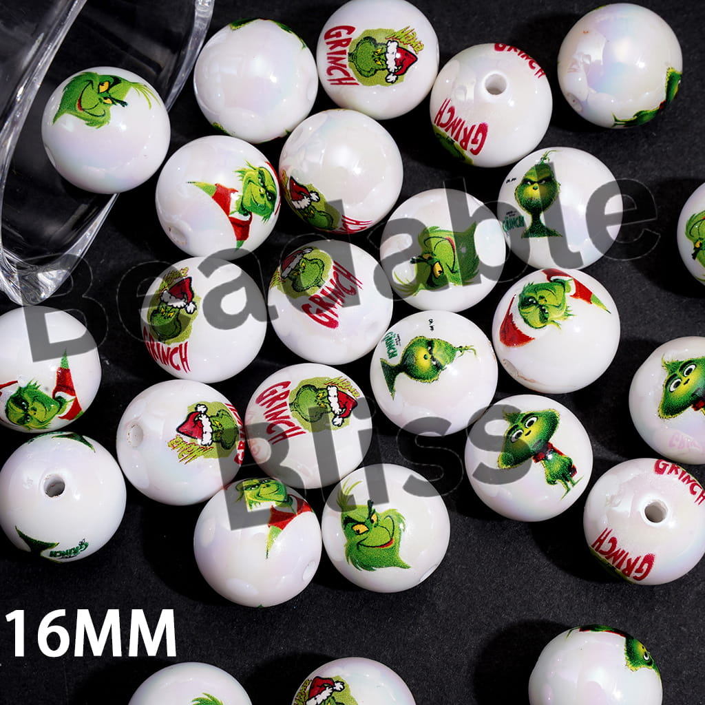 Funny Christmas Green Character Series UV Coating Acrylic Beads for Bracelets, 16MM, Random Mix