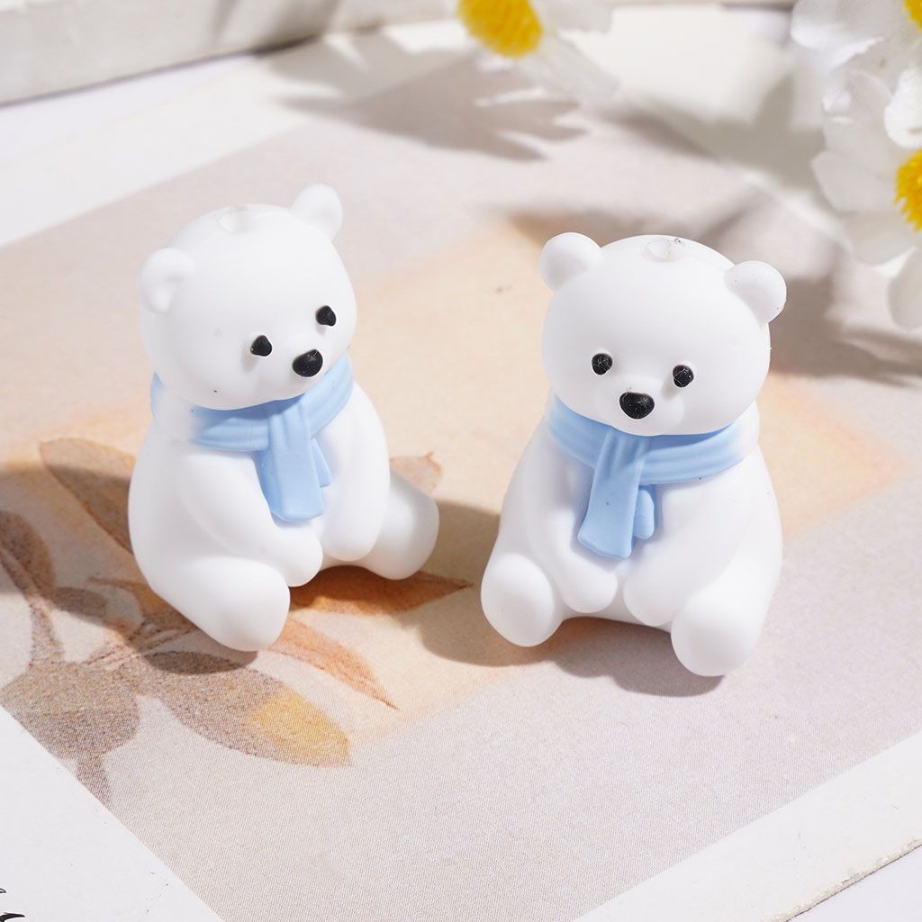 Silicone Focal Beads 3D Polar Bear in Sitting Position with Red and Light Blue Scarf, Height 26MM