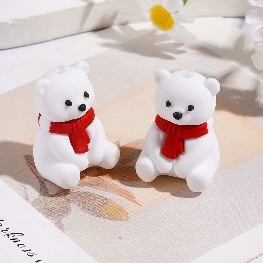 Silicone Focal Beads 3D Polar Bear in Sitting Position with Red and Light Blue Scarf, Height 26MM