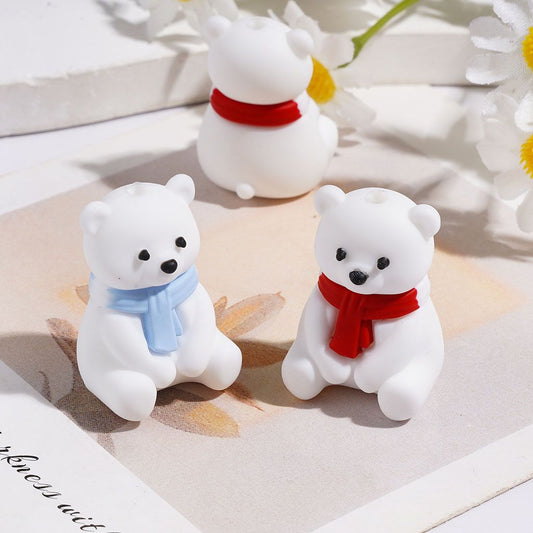 Silicone Focal Beads 3D Polar Bear in Sitting Position with Red and Light Blue Scarf, Height 26MM