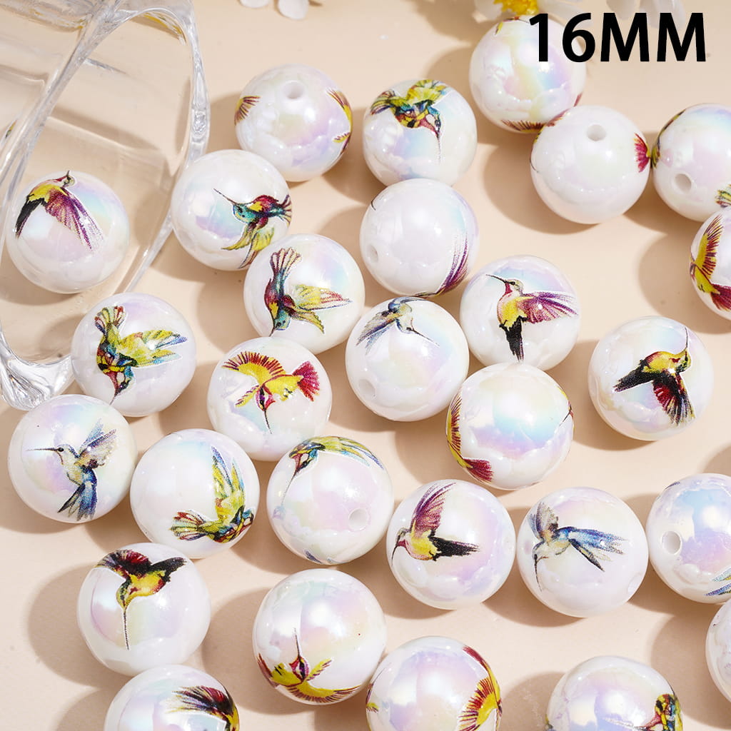UV Coating Acrylic Beads for Bracelets with Hummingbird Theme, 16MM, Random Mix