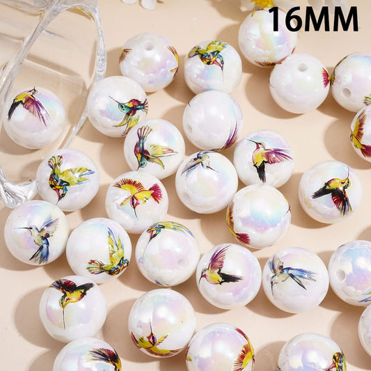 UV Coating Acrylic Beads for Bracelets with Hummingbird Theme, 16MM, Random Mix