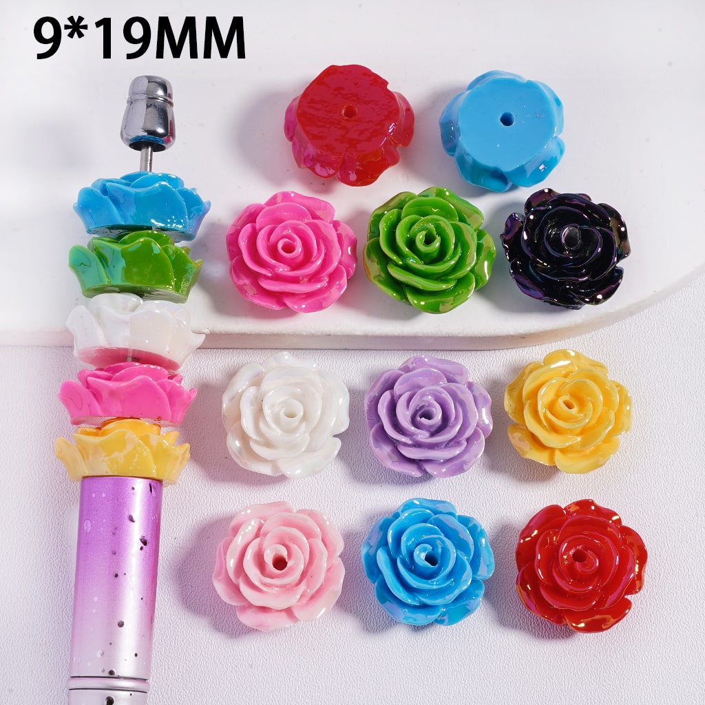 Colorful flower-shaped beads on a white background with measurement '9*19MM'.