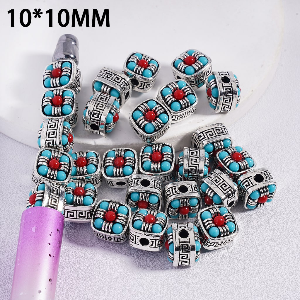 Silver Alloy Beads Cube Square Shape with Chinese Fret-Pattern and Beads in Teal & Red Colors, 10*10MM