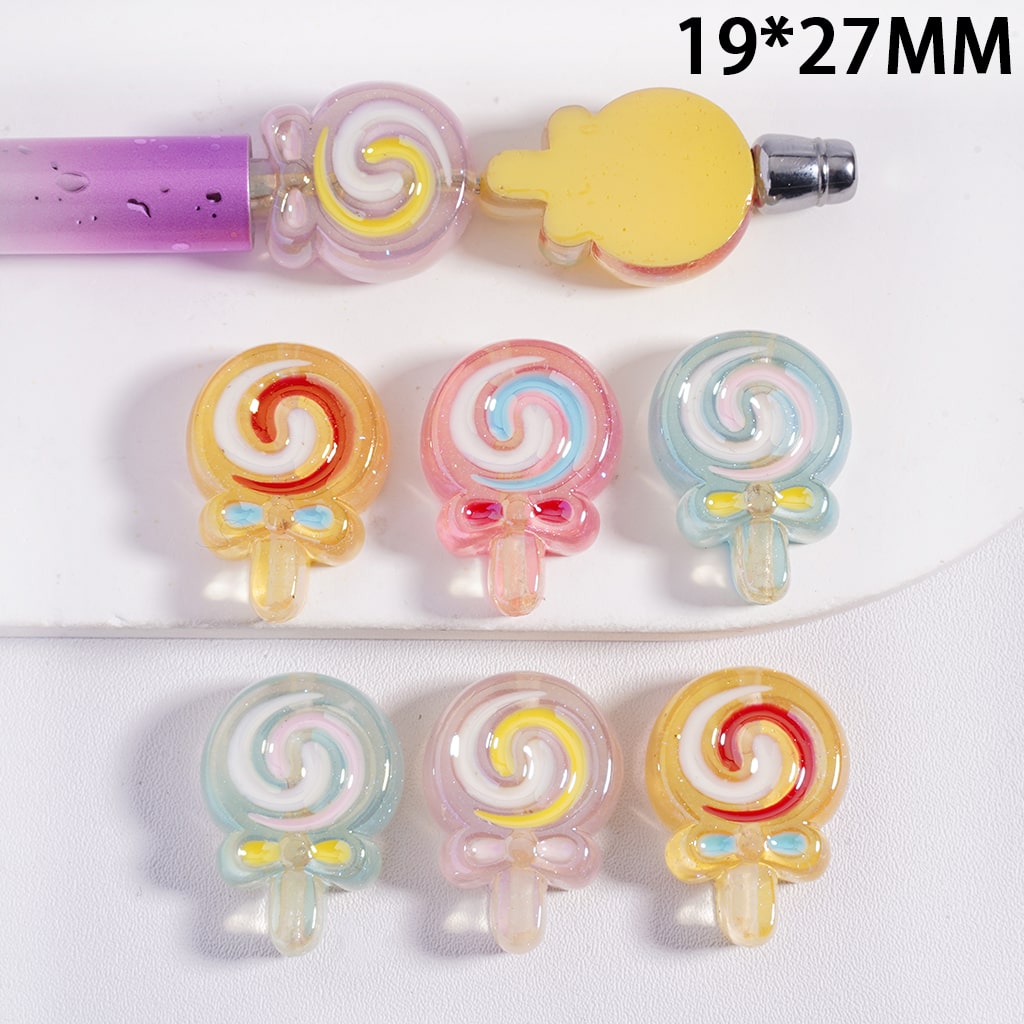 Colorful lollipop-shaped phone accessories on a white background with dimensions 19*27MM.