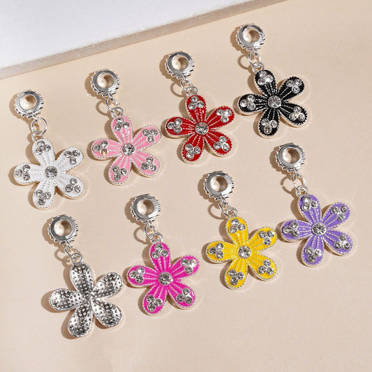 Silver Metal Bail Beads, Charm Pendants Flower with Clear Rhinestones on Petal