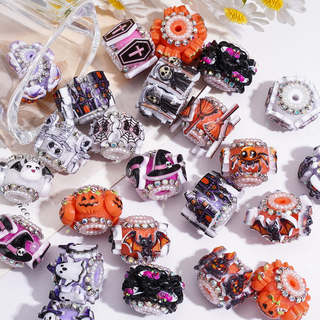 Hand-Made Acrylic Beads w Halloween Spooky Theme, AB Rhinestone Chain & Pearl Loop, Random Mix