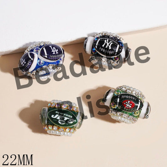 Handmade Acrylic Beads American Football Baseball Team and UV-Coated Half-Shell Pearl, Silver & Gold Chains with AB Rhinestone, 22MM Random Mix