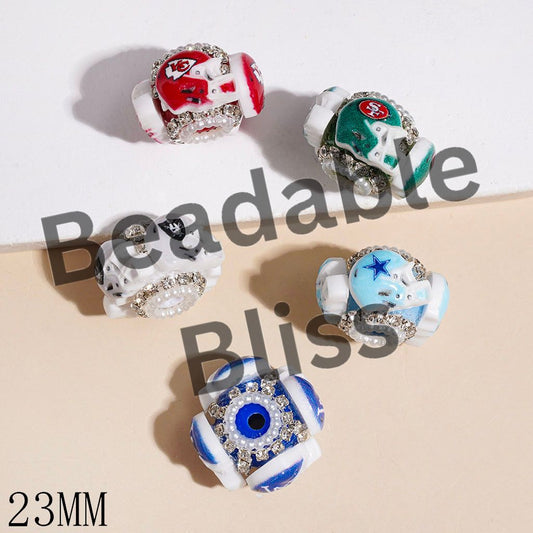 Handmade Acrylic Beads with American Football Helmet, Clear Rhinestone and White Pearl Chains, 23MM Random Mix Multi-Color