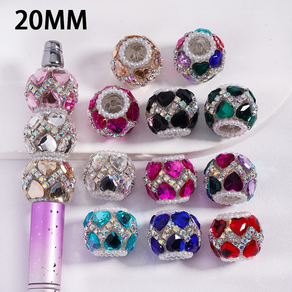 Colorful gemstone beads with a tool on a white background, labeled '20MM'.