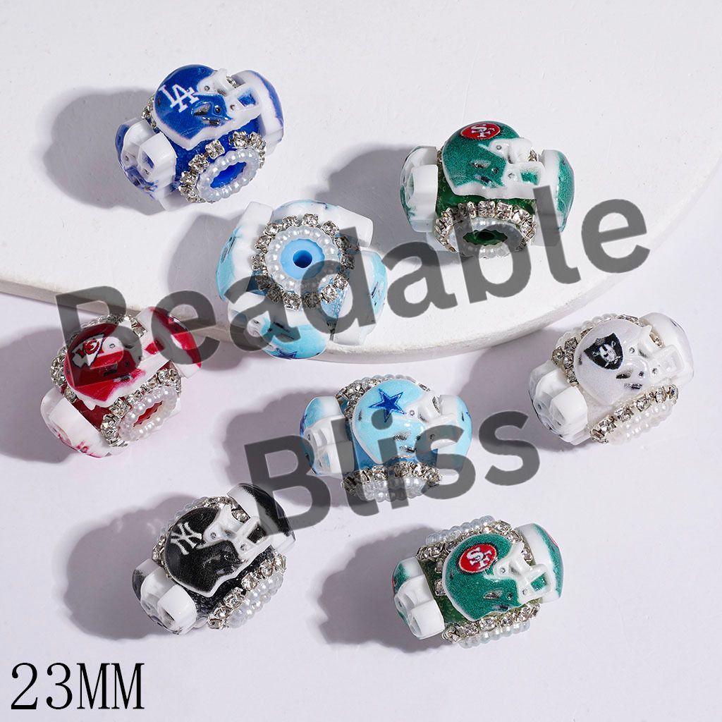 Handmade Acrylic Beads with American Football Helmet, Clear Rhinestone and White Pearl Chains, 23MM Random Mix Multi-Color