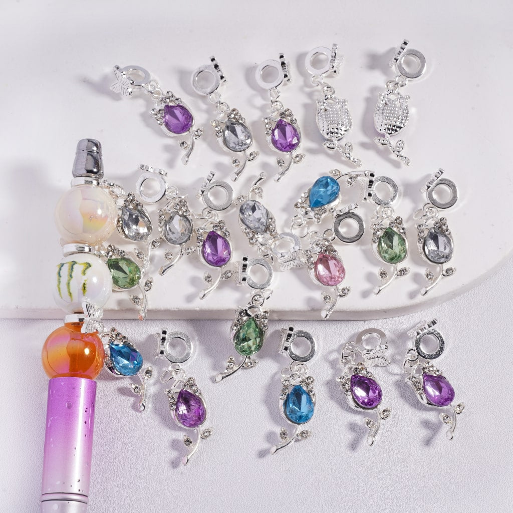 Silver Metal Bail Beads with Butterfly, Charm Pendant Flower Shape with Water Drop Rhinestone, Multi-Color, Random Mix