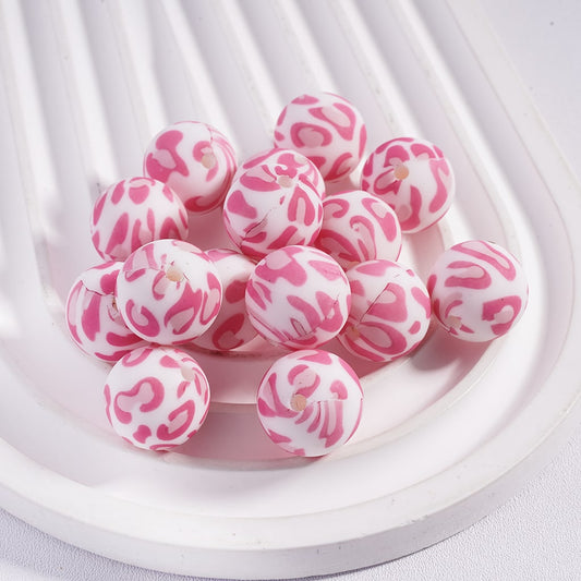 Flesh Color and Red Pattern Round Printed Silicone Beads 15mm, Number Z-08