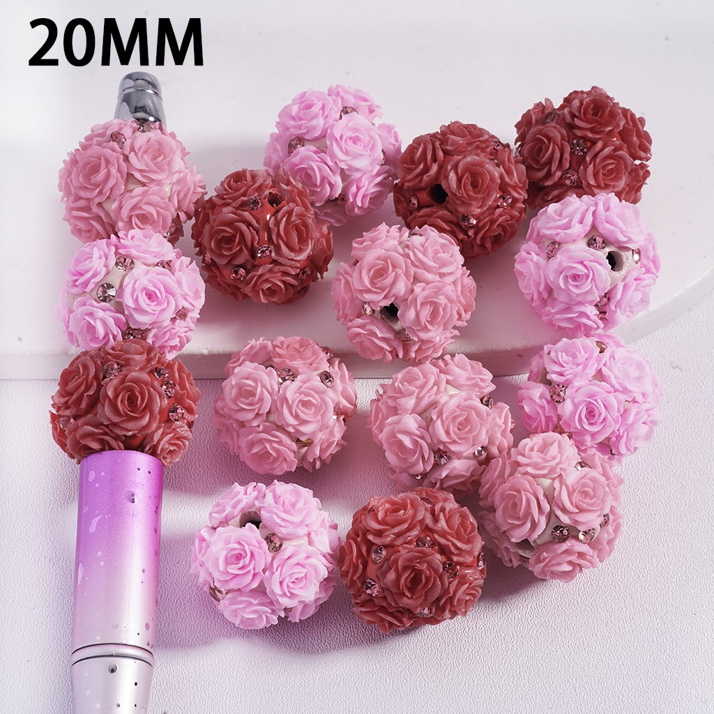 Clay Beads with Rose Flower and Rhinestones in Various Colors Valentine's Day, 20MM, Random Mix