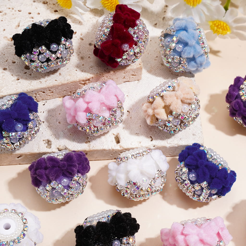 Acrylic Beads with Flocked Fluffy Bowtie, White Pearls and AB Rhinestone Chains, Multi-Color (Please Read Description)