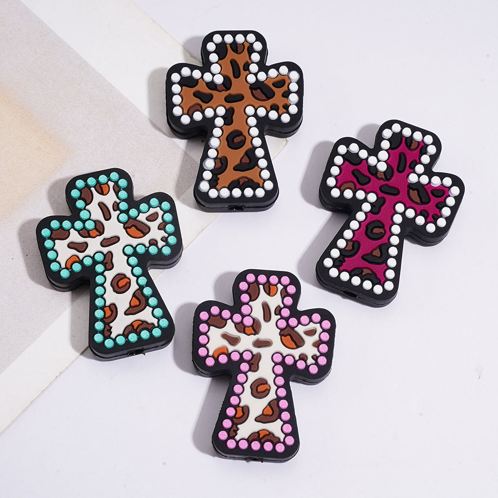 Silicone Focal Beads with Leopard Printed Cross in Various Colors