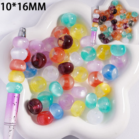 Colorful beads on a white tray with a close-up inset showing a bracelet made from these beads.