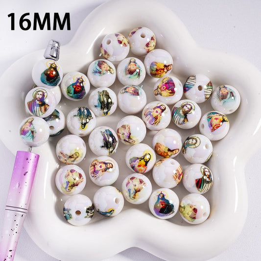 Acrylic Beads for Bracelets UV Coating with Christianity Jesus Series Prints, 16MM, Round, Random Mix