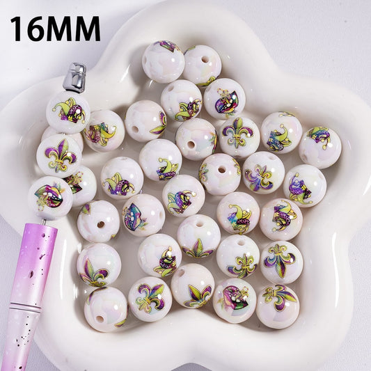 Acrylic Beads for Bracelets UV Coating with Iris Flower and Lip Prints Mardi Gras Festival, 16MM, Round, Random Mix