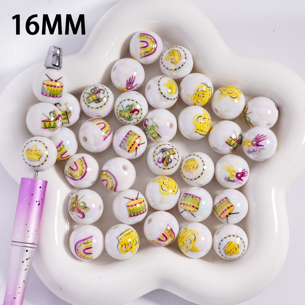 Acrylic Beads for Bracelets UV Coating with Crown and Musical Instruments Prints Mardi Gras Festival, 16MM, Random Mix