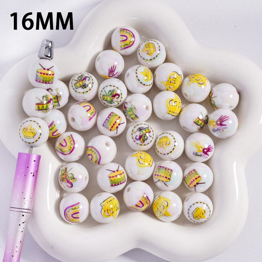 Acrylic Beads for Bracelets UV Coating with Crown and Musical Instruments Prints Mardi Gras Festival, 16MM, Random Mix