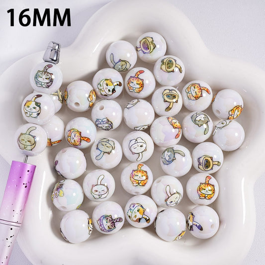 Acrylic Beads for Bracelets UV Coating with Plump Cat Series Prints, 16MM, Round, Random Mix