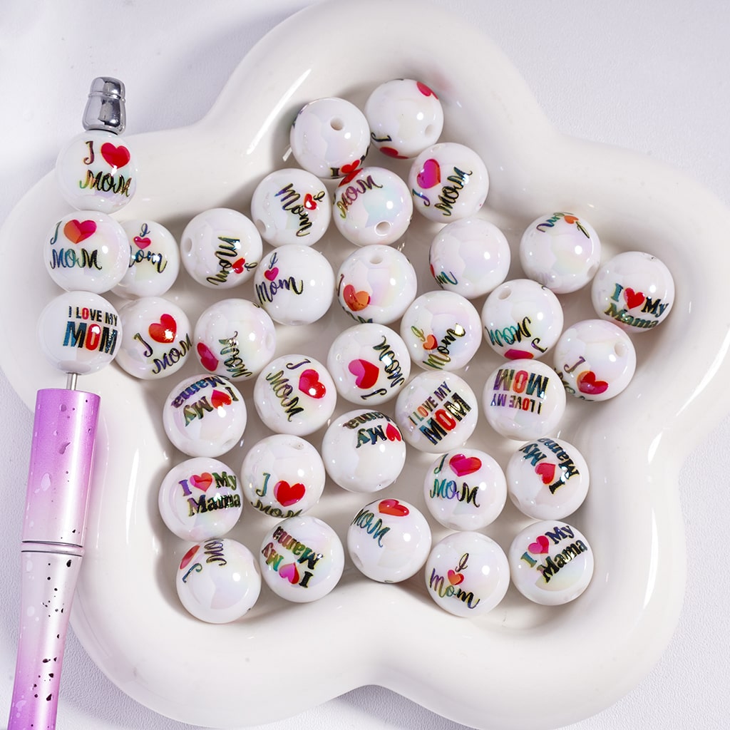 Acrylic Beads for Bracelets UV Coating with Text "I LOVE MY MOM" Prints Mother's Day, 16MM, Round, Random Mix