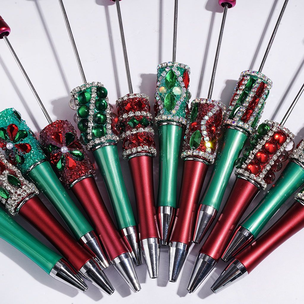 Red and Green Christmas Theme Beadable Pens, with Shiny Water Drop Half-Shell Round Marquise Cut Square Rectangle Clear AB Rhinestones