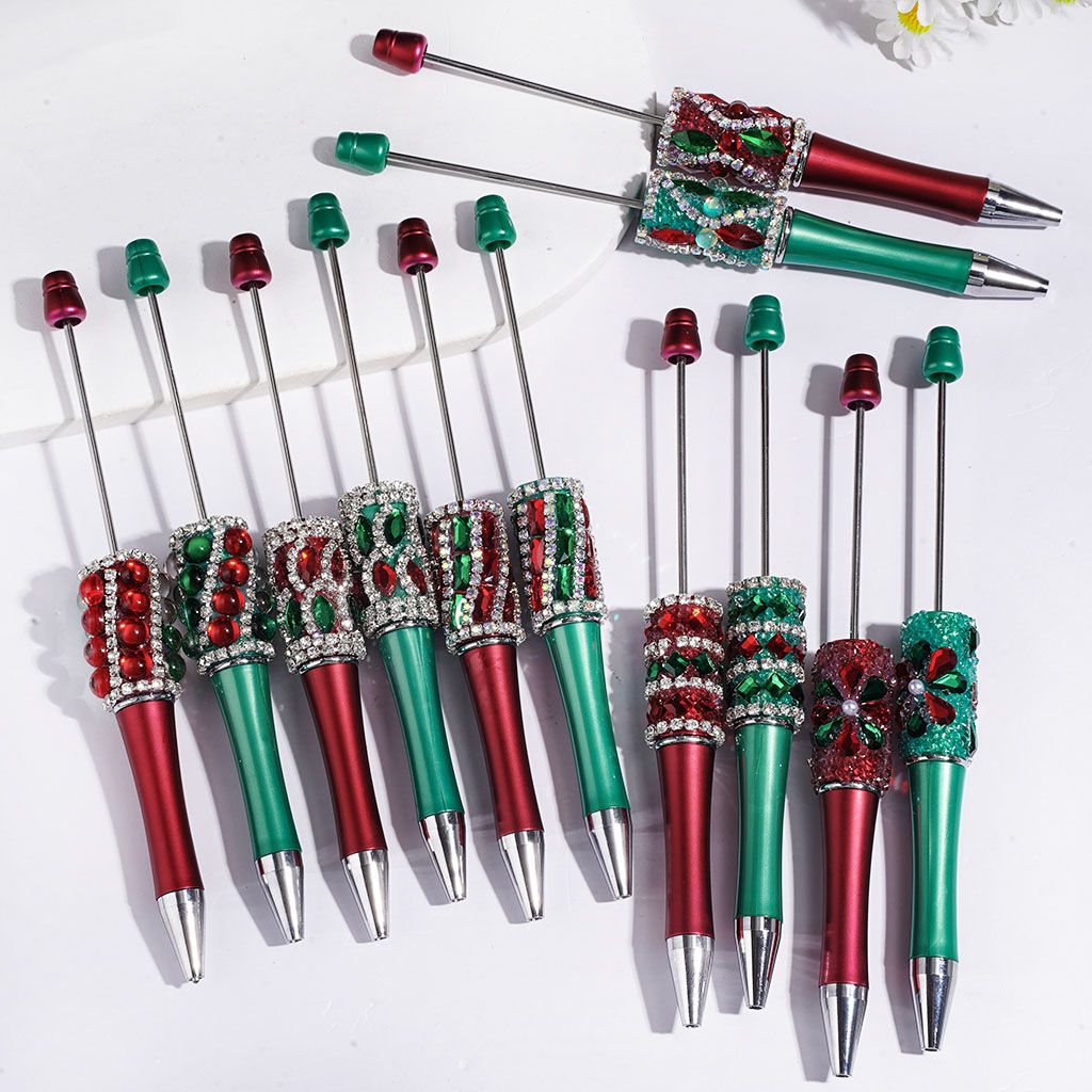 Red and Green Christmas Theme Beadable Pens, with Shiny Water Drop Half-Shell Round Marquise Cut Square Rectangle Clear AB Rhinestones