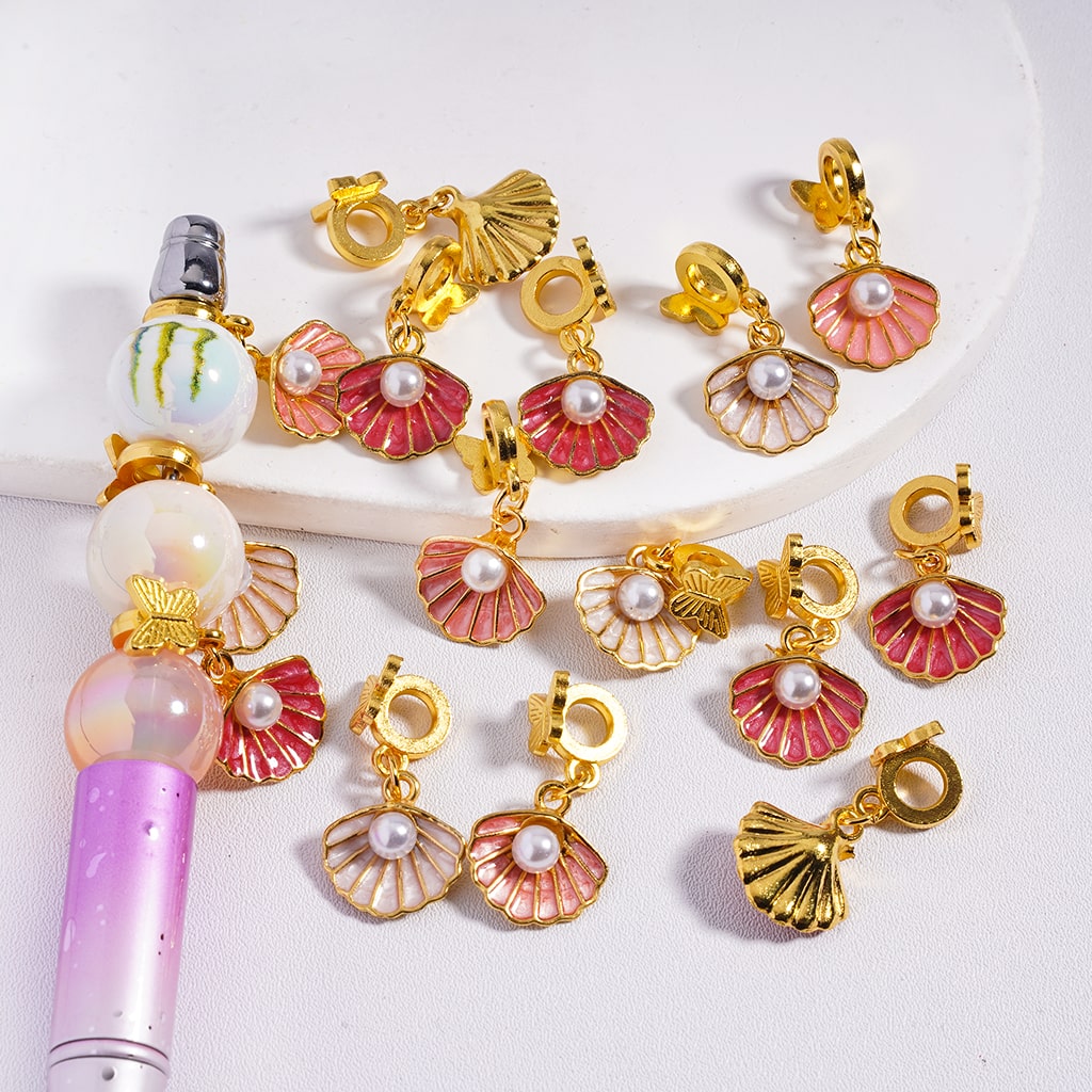 Gold Alloy Bail Beads with Butterfly, Charm Pendant with White Pearl on Shell, Multi-Color, Random Mix