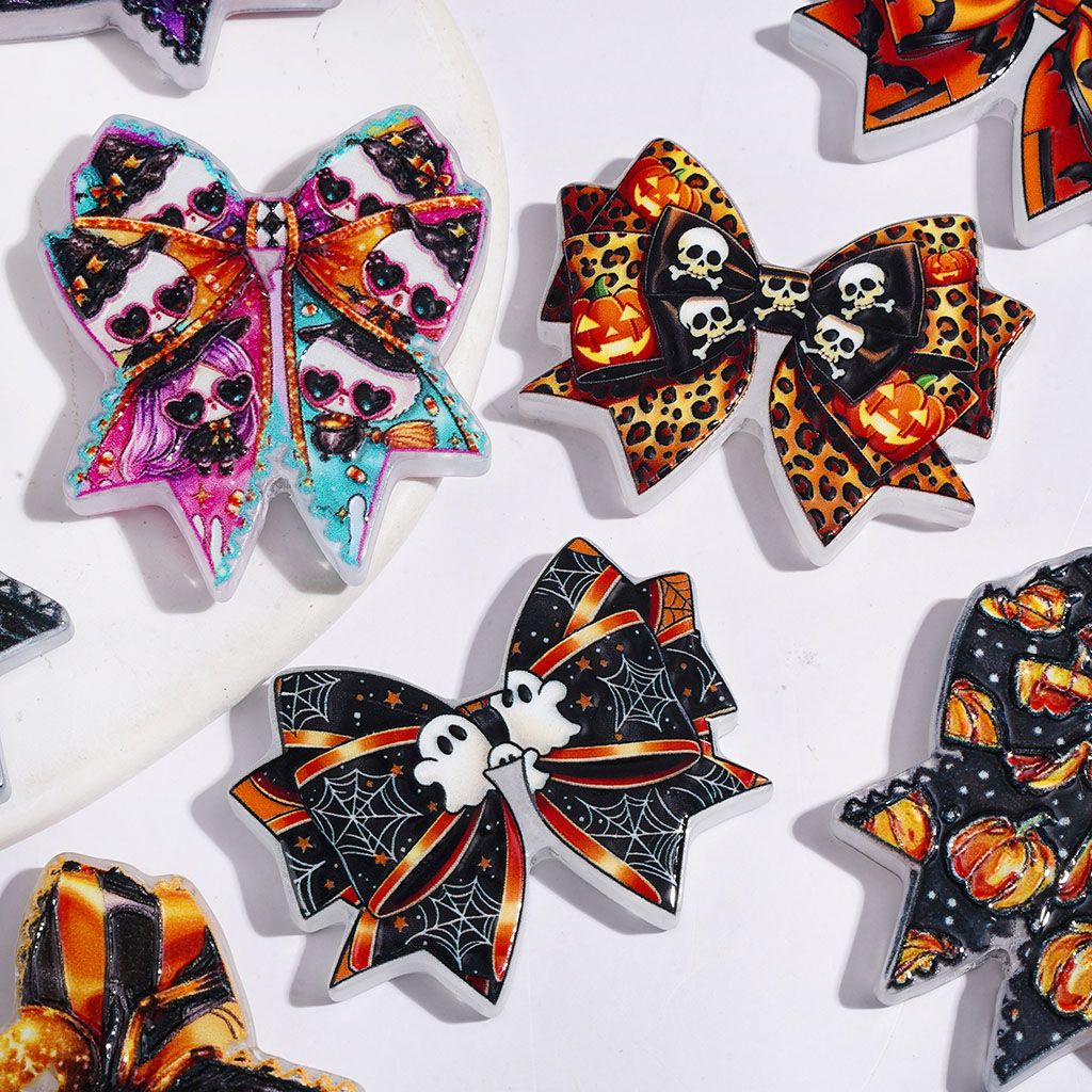 Halloween Acrylic Beads Bowtie with Ghost Pumpkin Skull Head Bat Purple Flower Prints, Random Mix