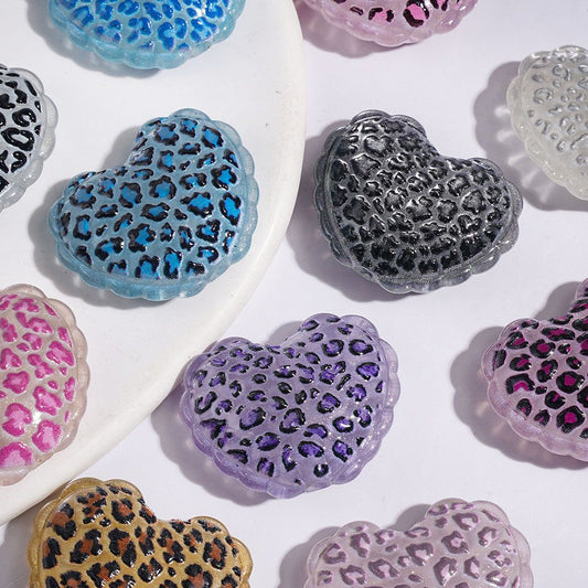 Luminous Acrylic Beads Heart with Leopard Print, 21*27MM, Multi-Color Random Mix