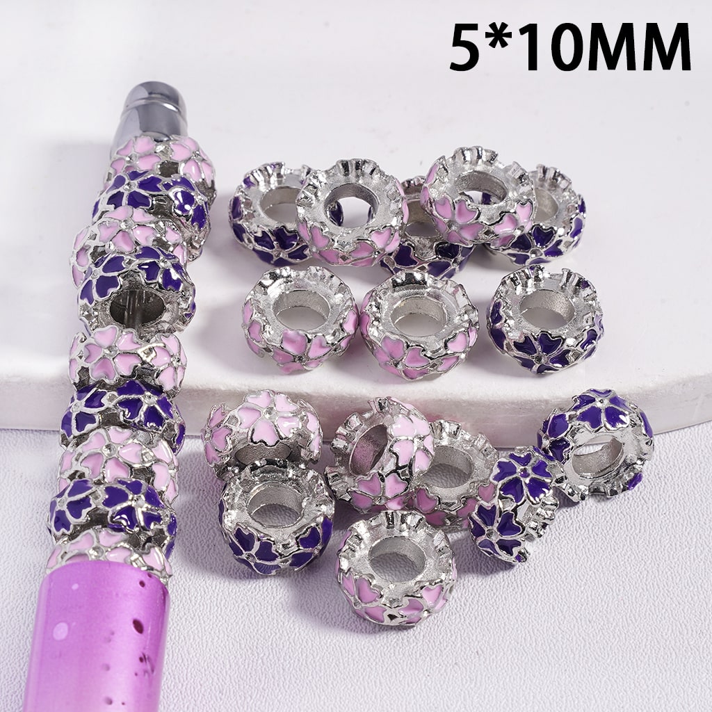 Silver Metal Spacer Beads with Five-Petaled Heart Shaped Flower, Big Hole, 5*10MM, Pink and Purple, Random Mix