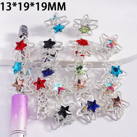 Silver Color Metal Beads Fancy Star Frame with Star-Shaped Rhinestones, 13*19*19MM, Multi-Color, Random Mix