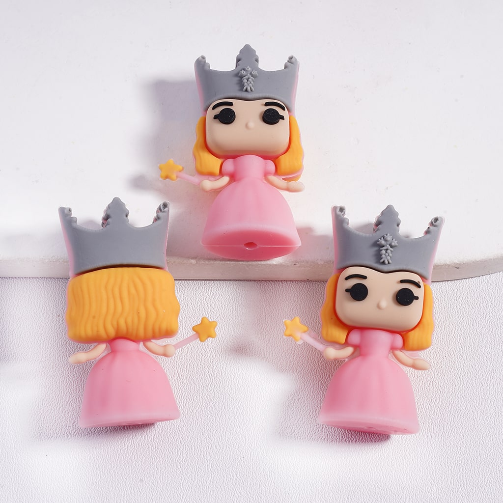 Silicone Focal Beads 3D Princess with Crown and Pink Skirt Holding Star Magic Wand
